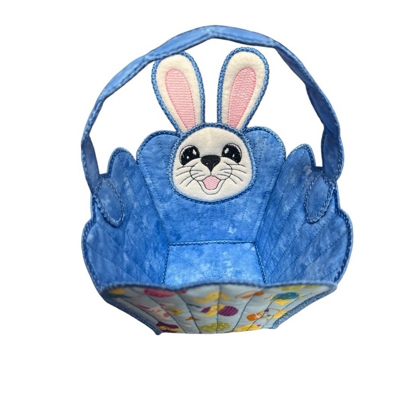 Hand Crafted Easter Basket Bunny with Handle Rabbit Embroidered Blue Kids Toy - Picture 7 of 17